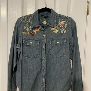 Ralph Lauren Blue Denim Button-Down Shirt with Multicolor Floral Embroidery